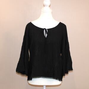 Women's inTu Boho Embroidered, Pom Pom Trim, Black SZ XL